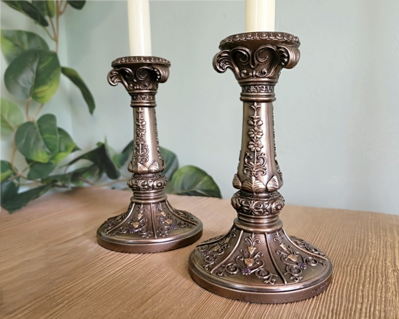 Candlestick Holders Pair with Ornate Gothic Relief Carving