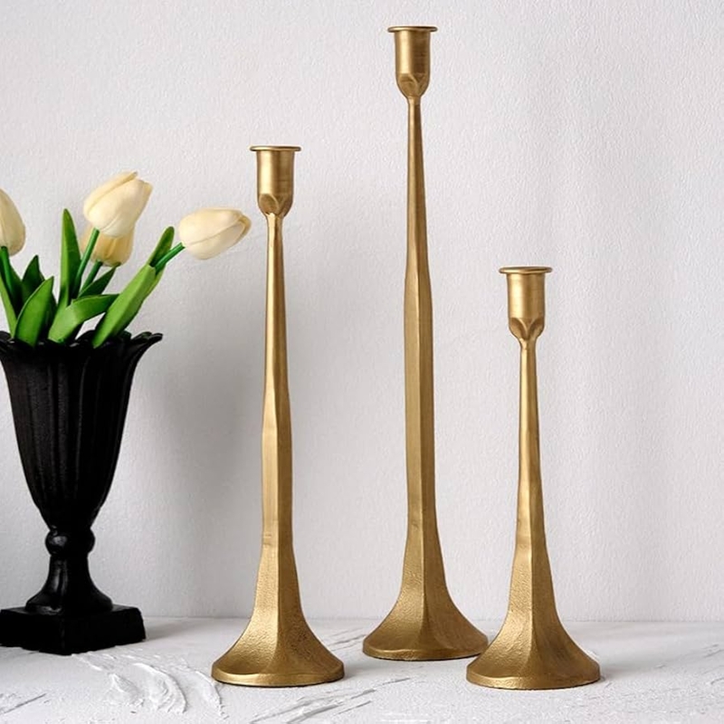 Candlestick Holders: Tapered Stems, Staggered Heights, Satin Finish Set.