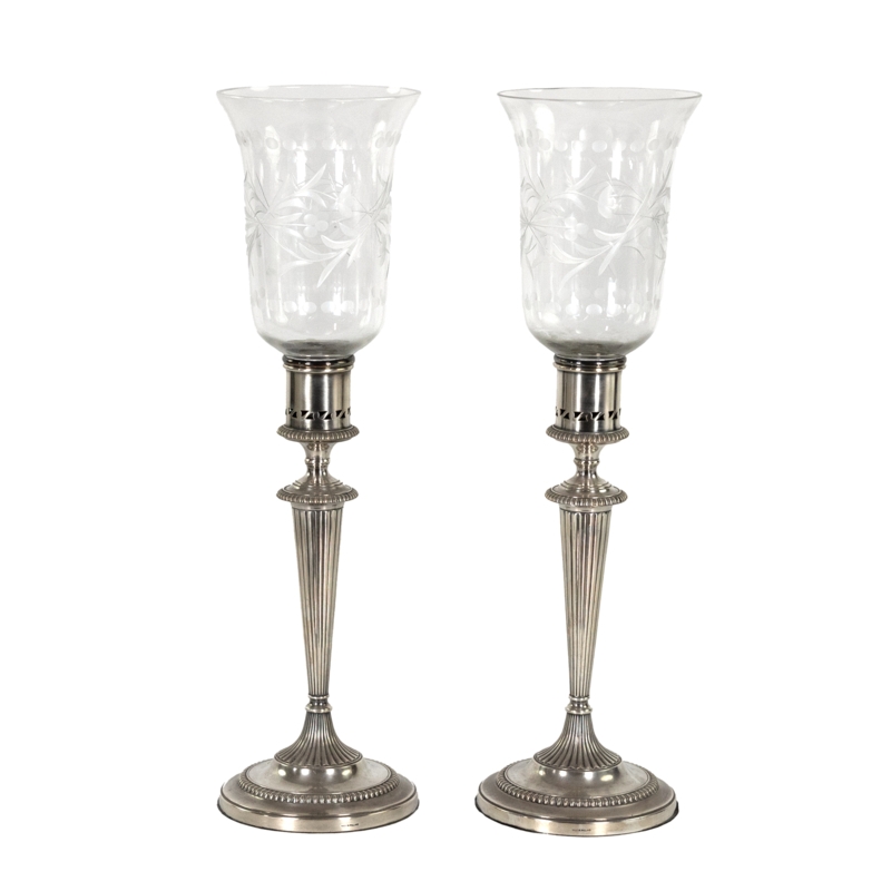 Candlestick Pair Antique Metal Fluted Column Floral Embossed Base Classic
