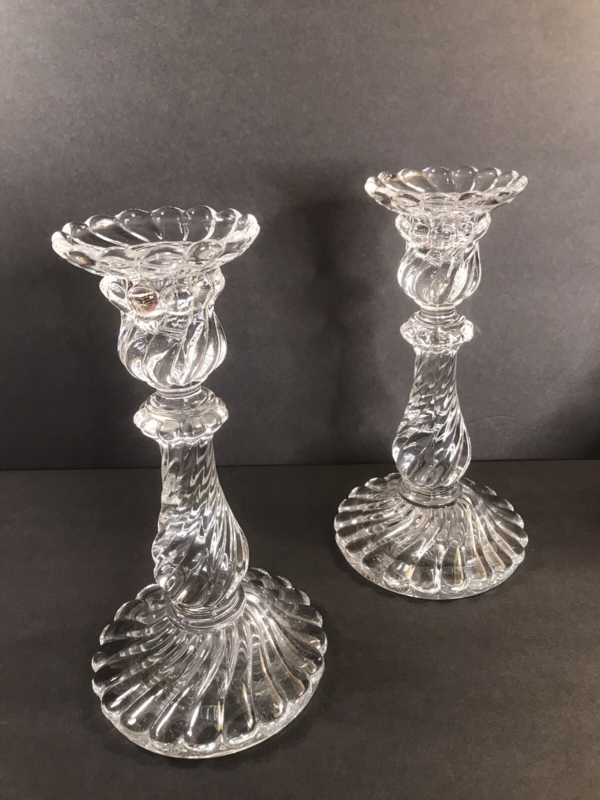 Candlestick Pair Crystal Hexagonal Base Faceted Stem Scalloped Rim