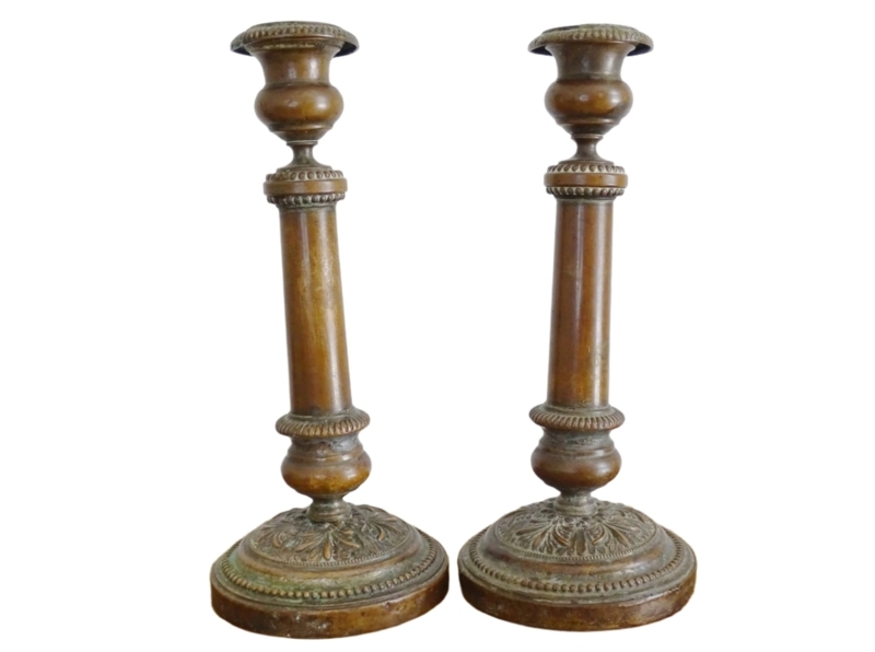 Candlestick Pair Verdigris Patina Copper Toned French Country Style