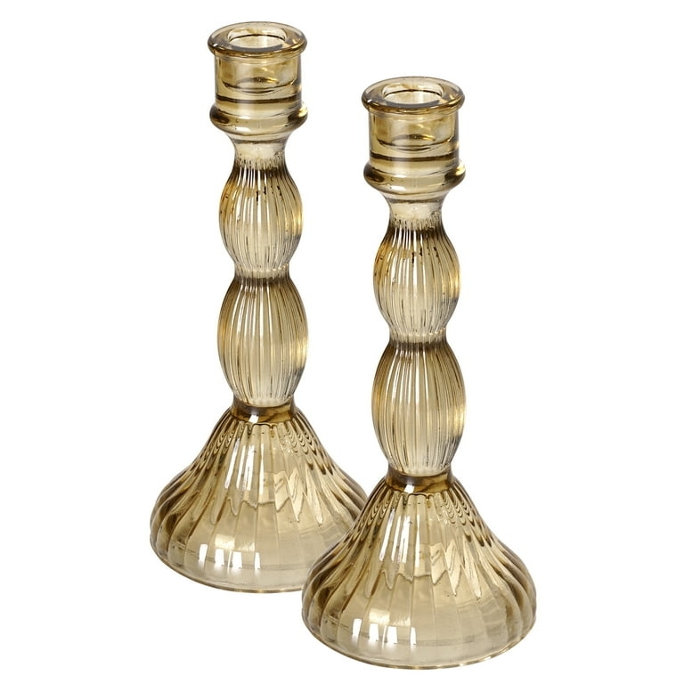 Candlestick Set Amber Glass Turned Spindle Traditional Vintage