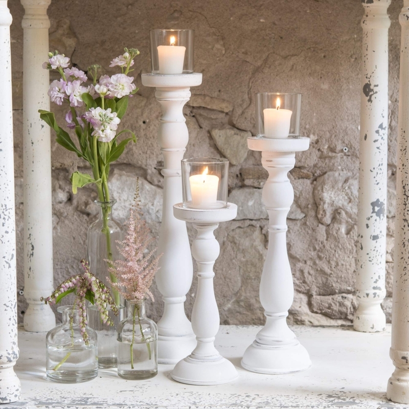 Candlestick Set Distressed Turned Spindle Form, Shabby Chic Decor