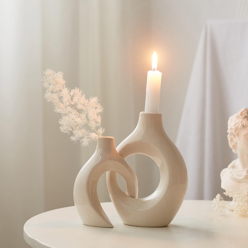 Candlestick Set Matte White Ceramic Textured Sculptural Form