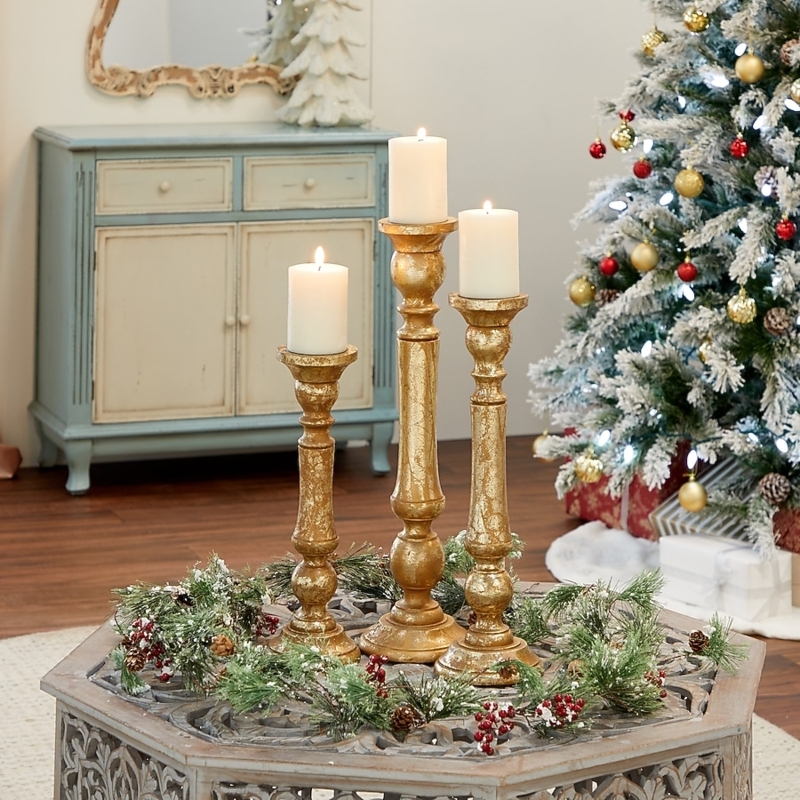 Candlestick Set Metallic Gold Turned Column Traditional Mantel Decor