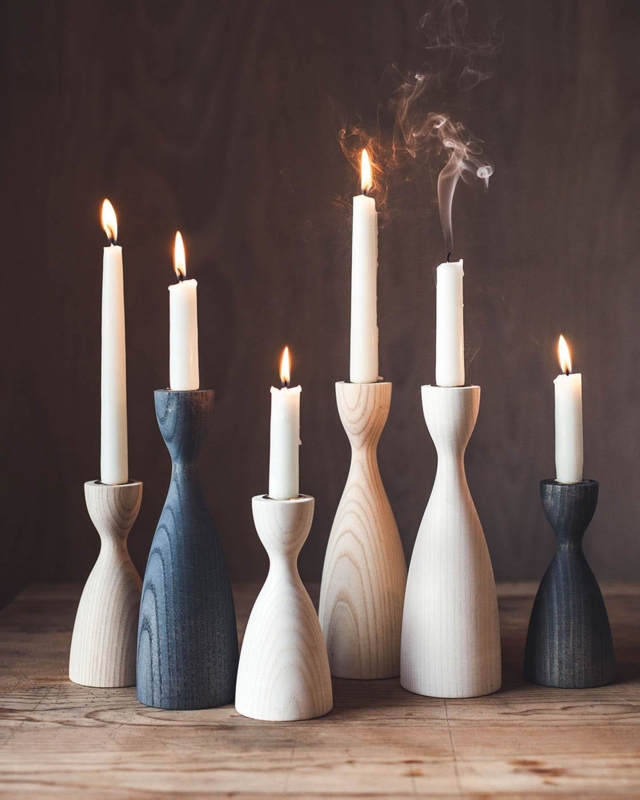 Candlestick Set, Natural Grain Turned Wood Silhouette, Matte Finish