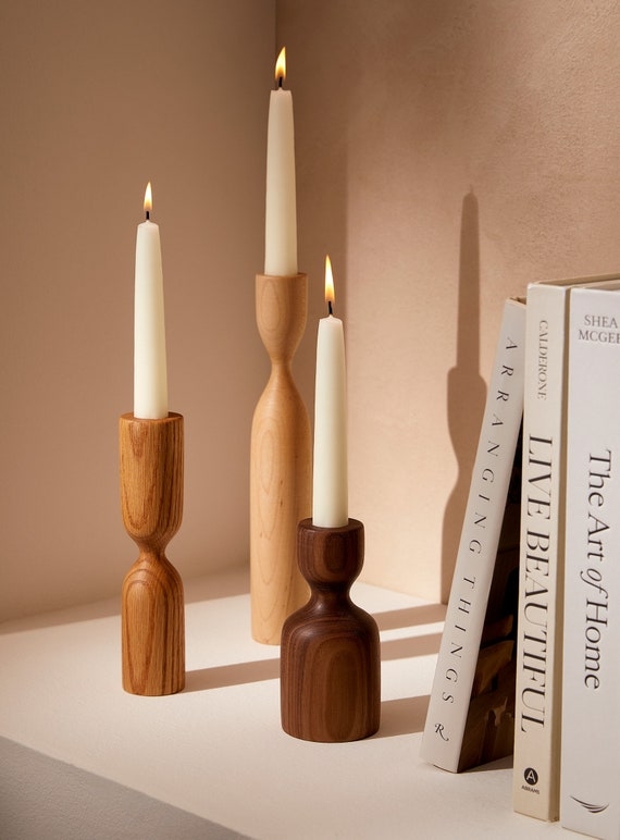 Candlestick Set Natural Wood Hand-Turned Trio, Scandinavian Style