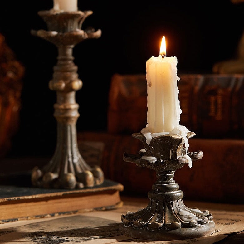 Candlestick Set of 3 Cream Color Distressed Finish Intricate Carvings