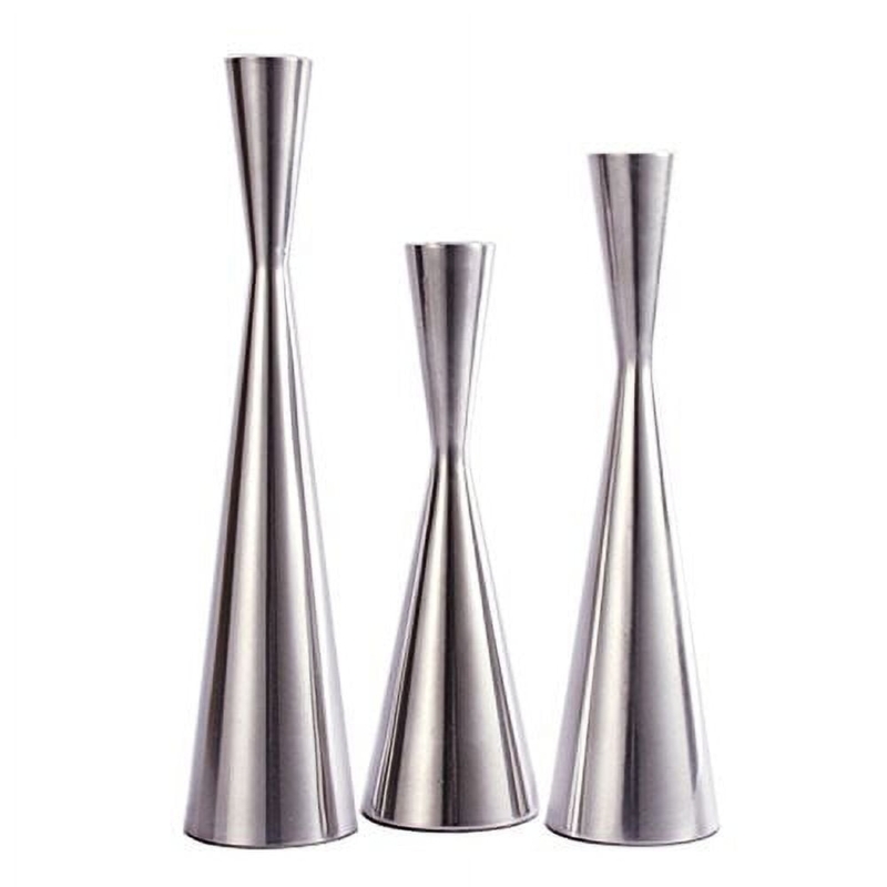 Candlestick Set Polished Silver Finish Slender Stem Minimalist Design