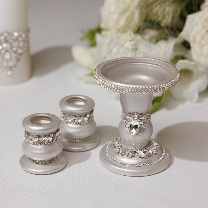 Candlestick Set, Stacked Orb Design, Matte Finish Trio.