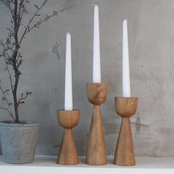 Candlestick Set Turned Spindle Natural Blonde Wood Tapered