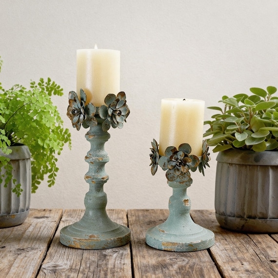 Candlestick Set Weathered Green Patina Iron with Turned Silhouette