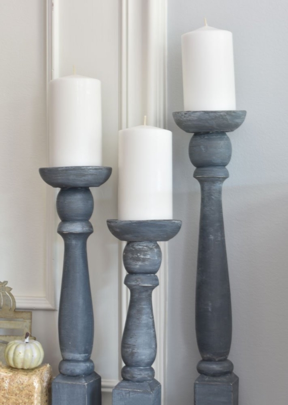 Candlestick Set with Distressed Whitewash Spindle Turned Silhouette