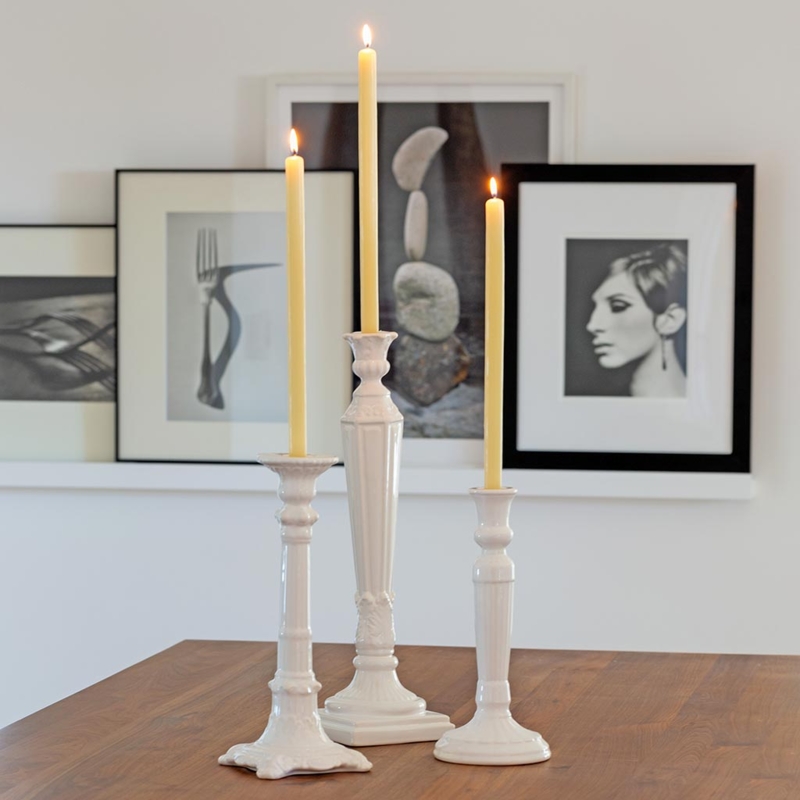 Candlestick White Ceramic Ribbed Column Design Matte Finish Minimalist