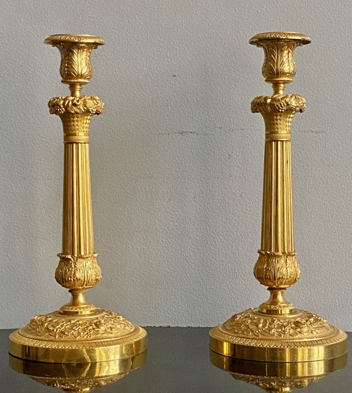 Candlesticks Pair in Polished Gilt Finish with Empire Leaf Motifs