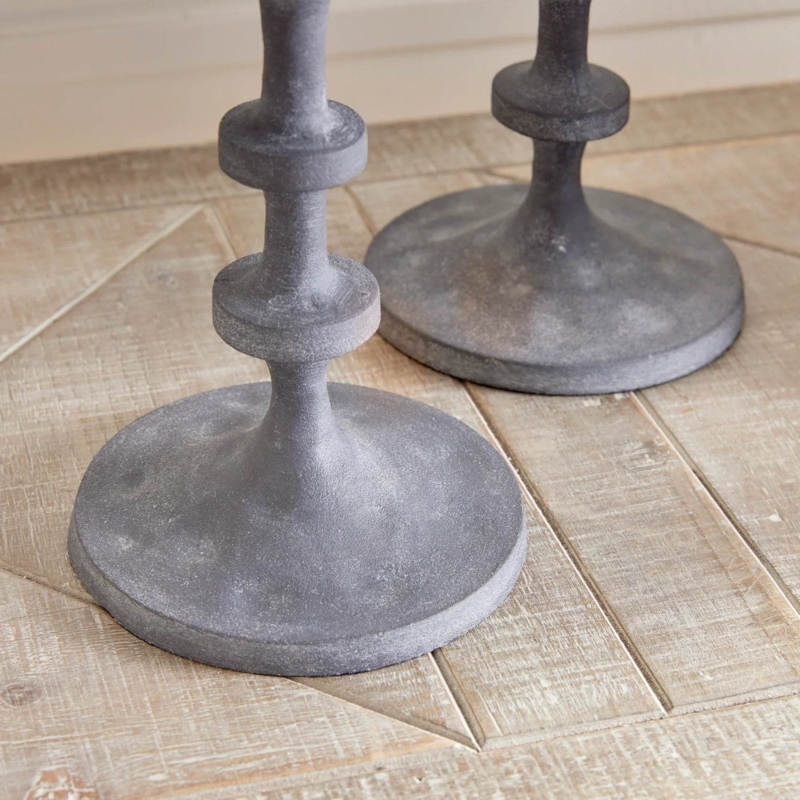 Candlesticks Pitted Texture Cast Iron Look Tiered Base Dark Gray Set