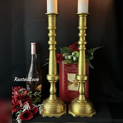 Candlesticks Tall Gold Metal Polished Floor Spindle Neck Pair Hearth