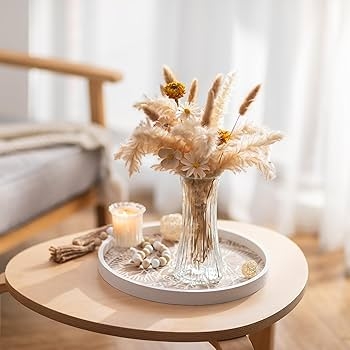 Carved Mandala Round Whitewashed Wood Tray for Boho Coffee Table Decor