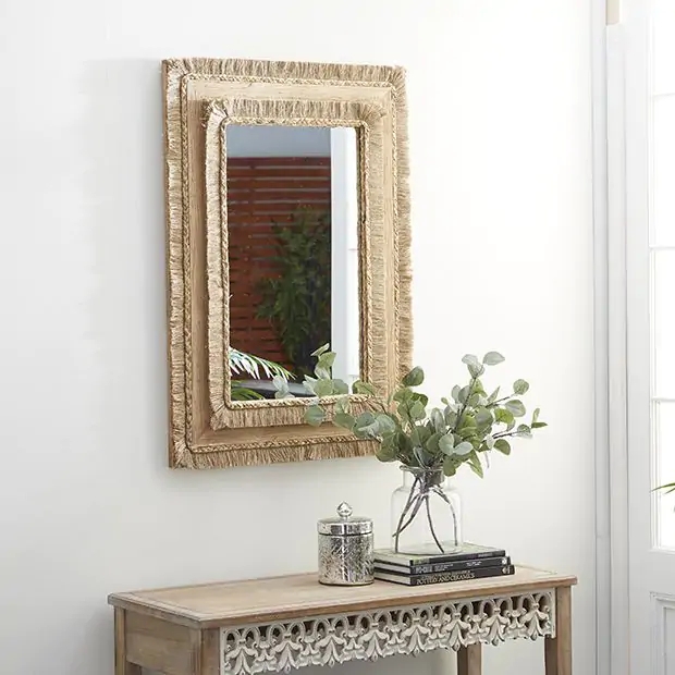 Carved Wood Round Wall Mirror with Deep Geometric Pattern Frame