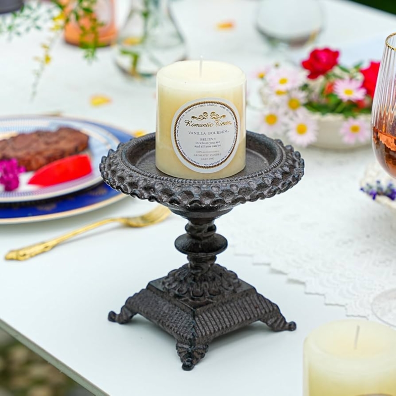 Cast Iron Pillar Candle Holders, Rustic Scrolling Tripod Base