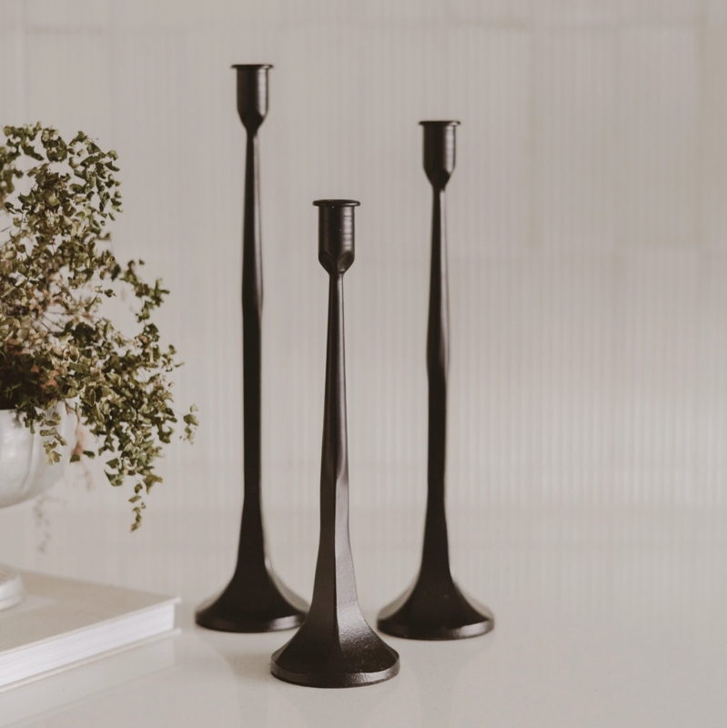 Cast Iron Taper Candle Holder Set: Staggered Heights Trio, Round Base