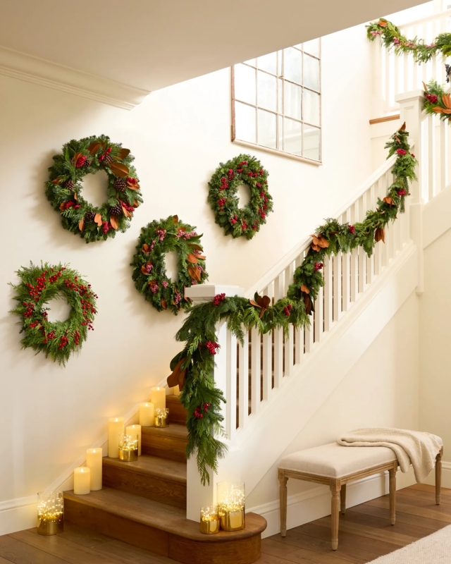 Cedar Garland and Wreath Set for Festive Staircase Styling