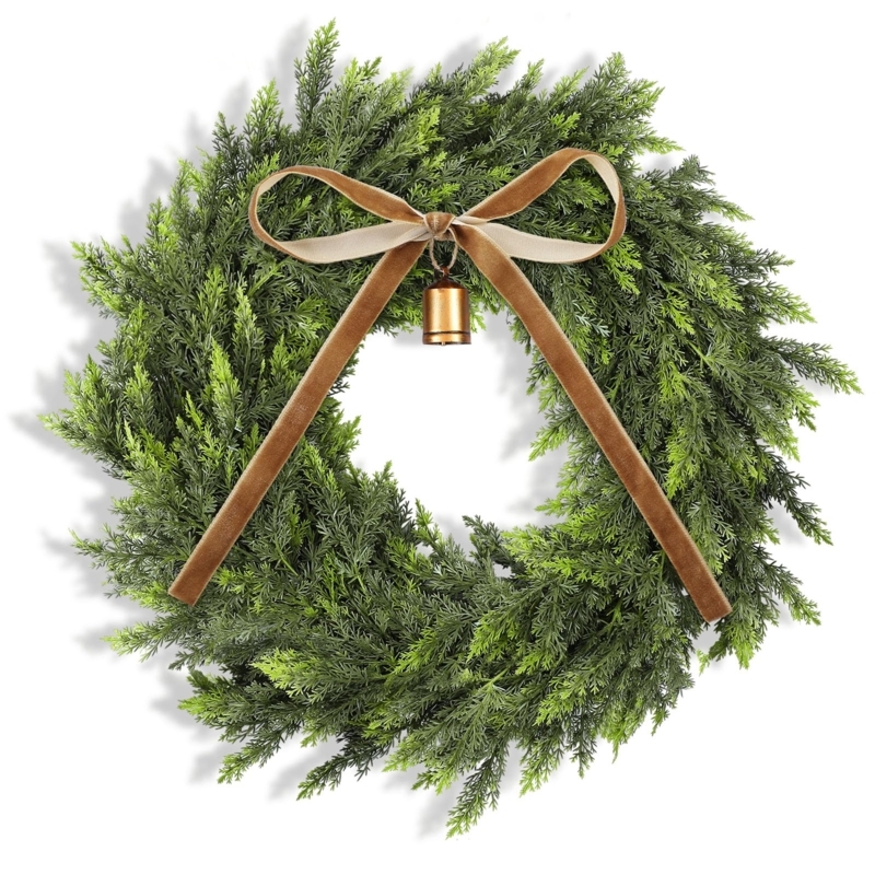 Cedar Wreath With Cow Bell And Red Velvet Bow Accents