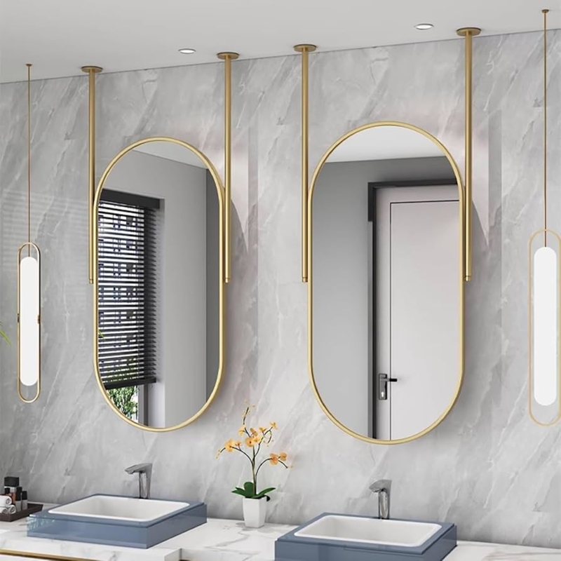 Ceiling Mounted Mirror Oval Suspended Hanging Rods Gold Brushed Modern