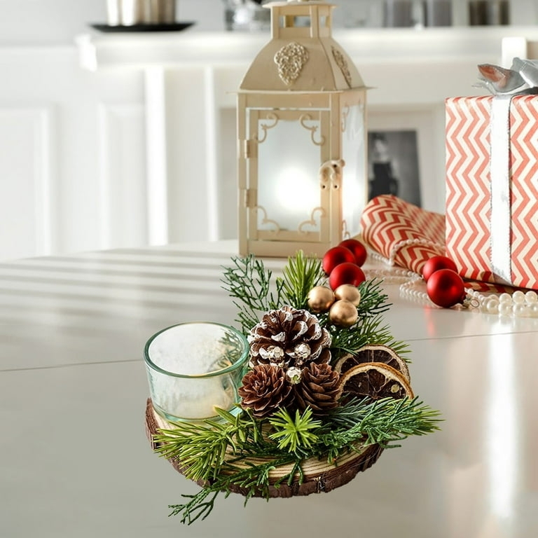 Centerpiece Integrated Candle Tray with Vibrant Red Accents and Pinecones