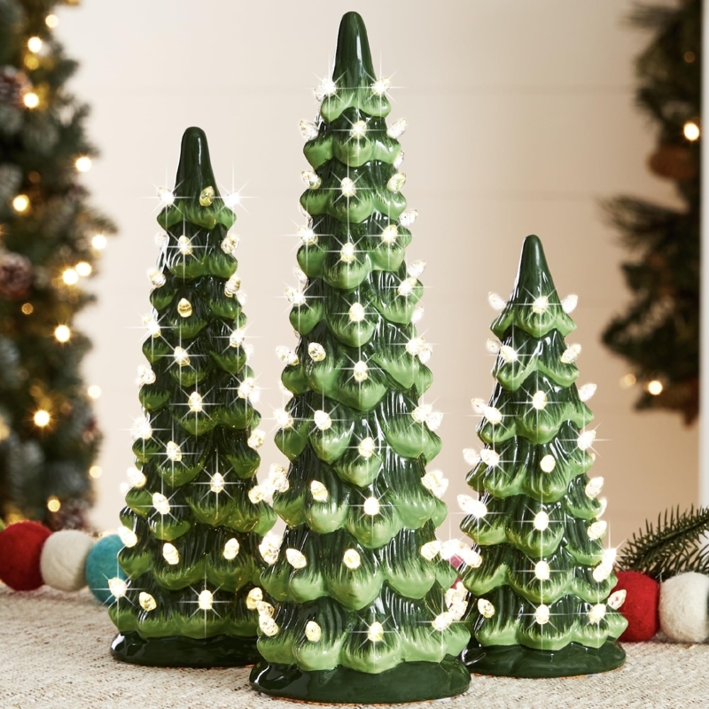Ceramic Christmas Tree Set: Nostalgic Green Tabletop Trio, Pre-Lit.