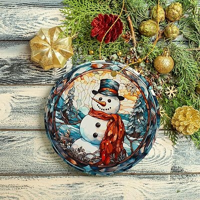 Ceramic Disc Ornament, Stained Glass Style Snowman Pattern