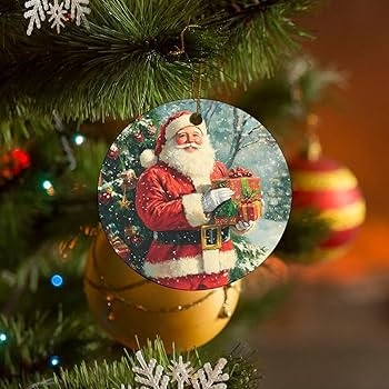 Ceramic Disc Santa Ornament Glossy Farmhouse Holiday Decor with Illustration