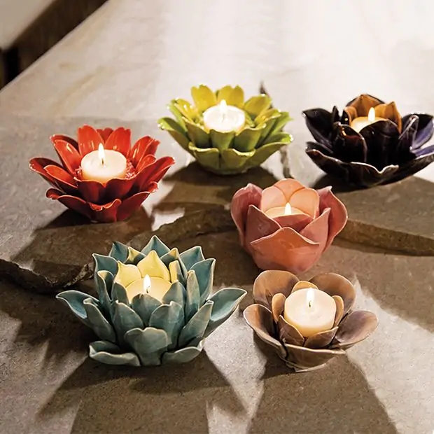 Ceramic Flower Candle Holders Set of Six Layered Petals Cream