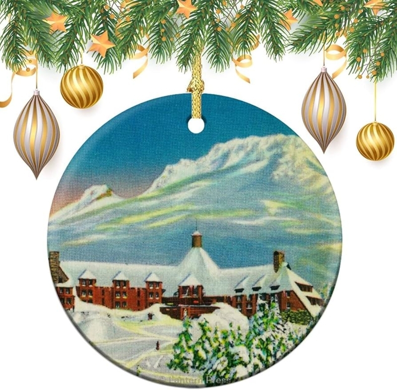 Ceramic-Like Ornament: Scenic Painted Lodge & Mountain Landscape