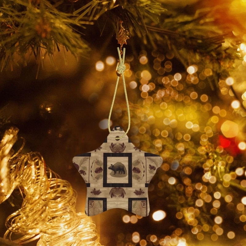 Ceramic Ornament with Bear Silhouette and Gold Ribbon Accent