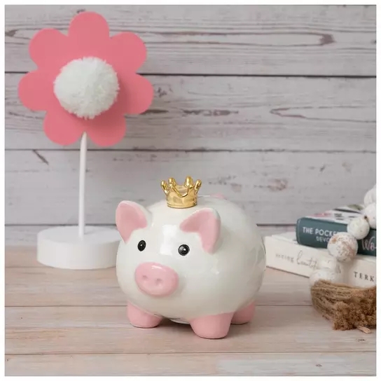 Ceramic Piggy Bank Heart Pattern Pink Ears Glossy White Whimsical Decor