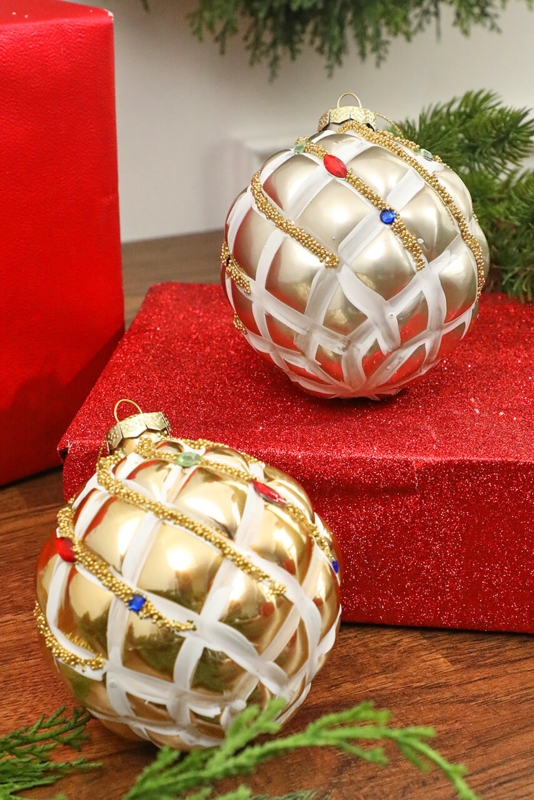 Champagne Gold Quilted Ornament with Silver Glitter Accents