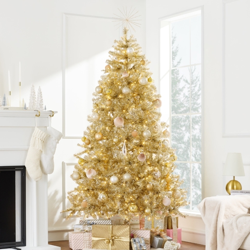 Champagne Gold Tinsel Artificial Christmas Tree Slim Pencil