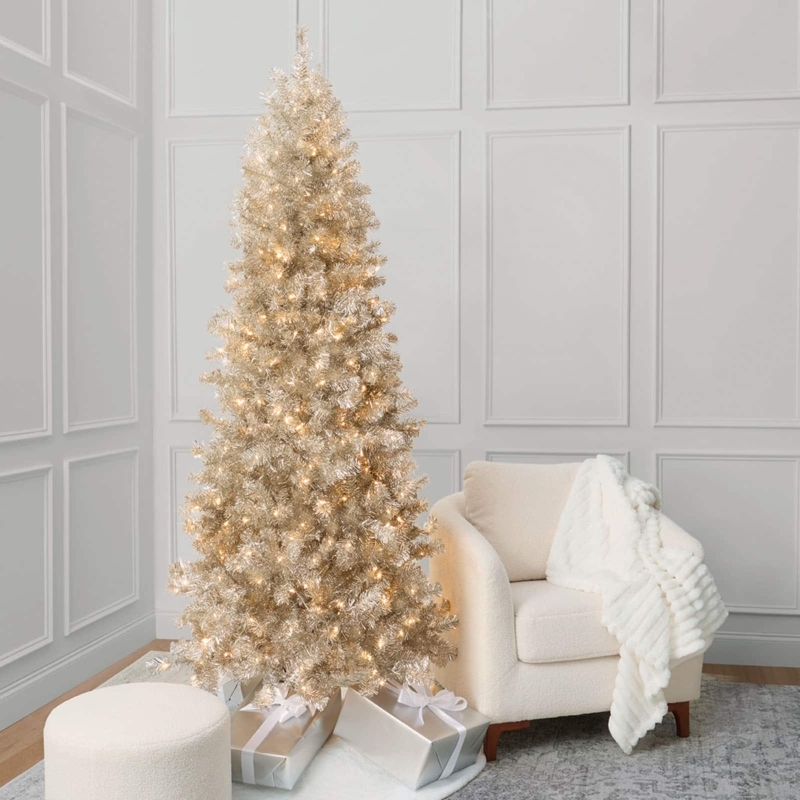 Champagne Tinsel Christmas Tree Pre-Lit Slim Pencil Shape