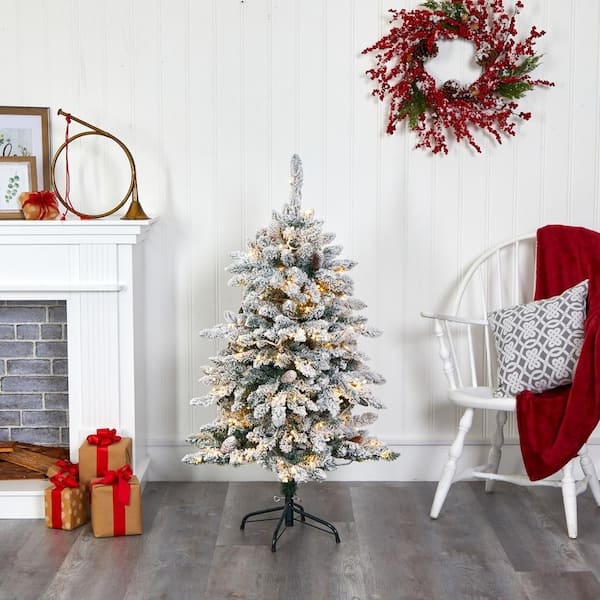Checkered Ribbon Bow Pre-Lit Flocked Artificial Christmas Tree