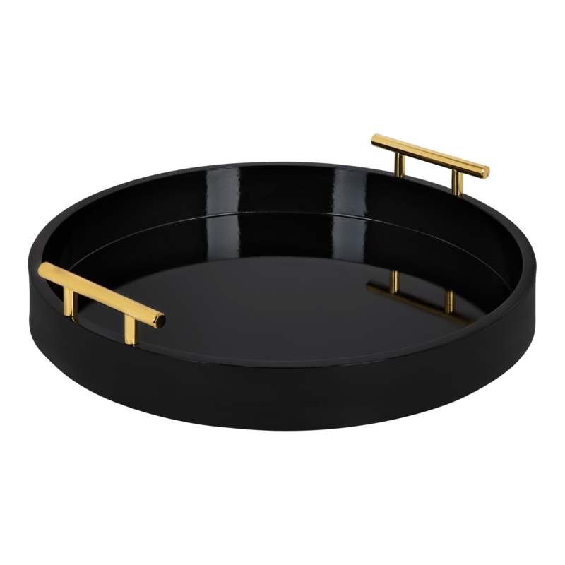 Chic Black Base Round Decorative Tray Metal Handles Ottoman Decor
