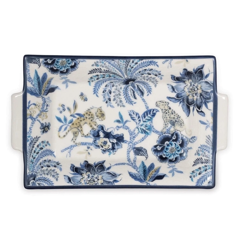 Chinoiserie Decorative Tray Rectangular Blue and White Floral Gold Trim