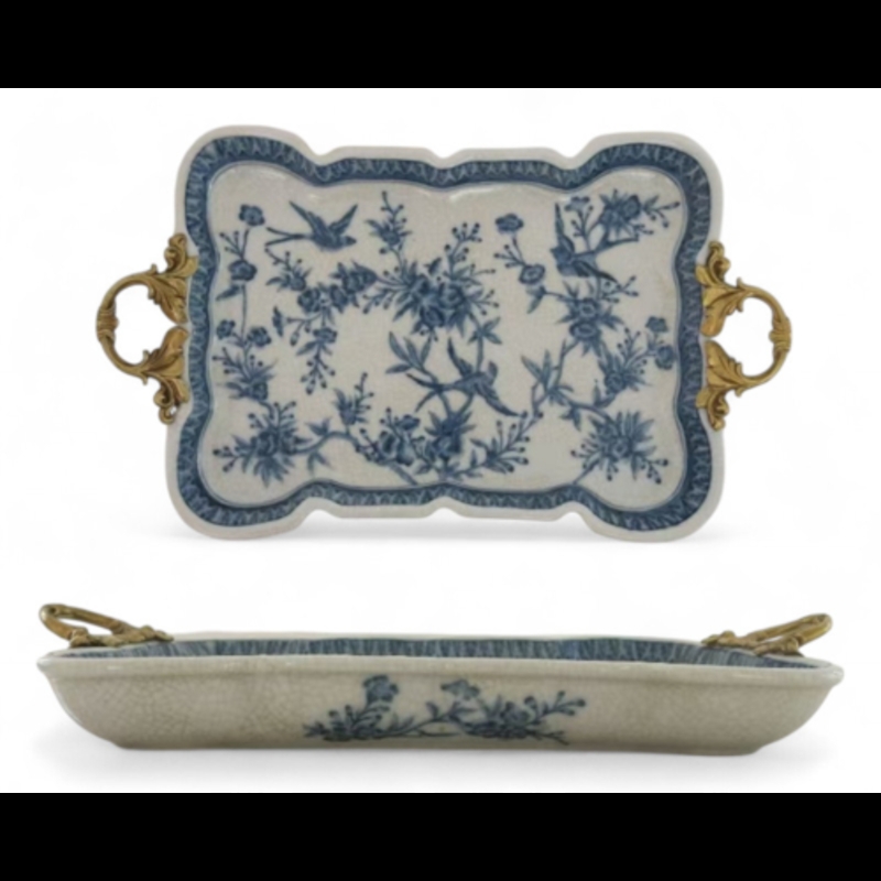 Chinoiserie Floral Oval Porcelain Tray, Ornate Brass Handle Tray