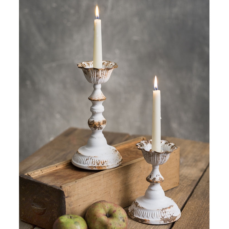 Chippy White Metal Taper Candle Holders, Tiered Spindle Set
