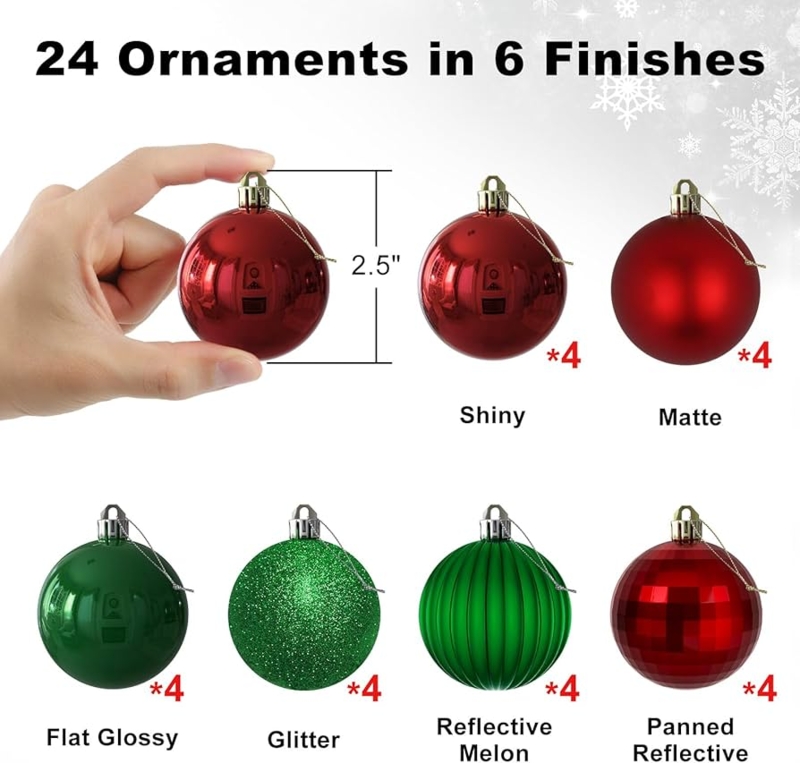Christmas Ball Ornaments Red Green Mixed Finishes Snowflake Pattern