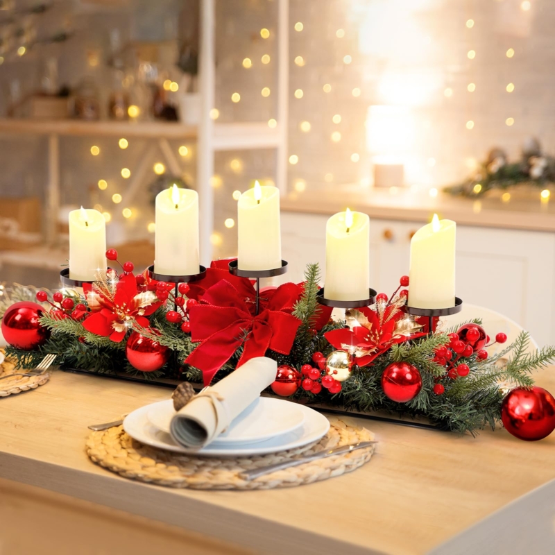 Christmas Centerpiece Five Candle Red Poinsettia Gold Accents