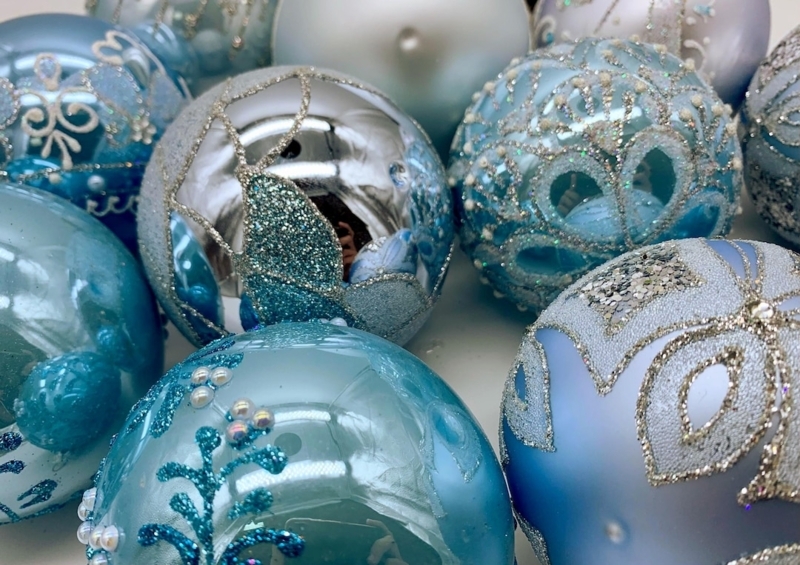 Christmas Glass Baubles Navy Silver Glitter Patterns Mixed Textures Glam