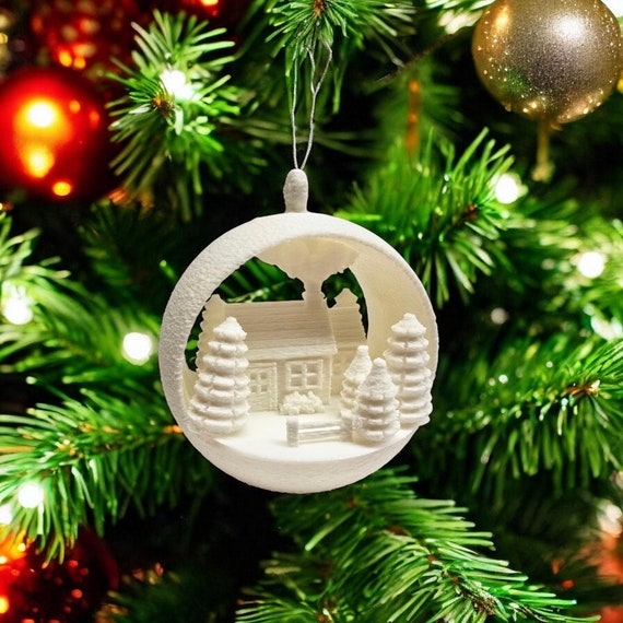 Christmas Ornament: 3D Layered White Cabin Scene, Woodland Silhouette