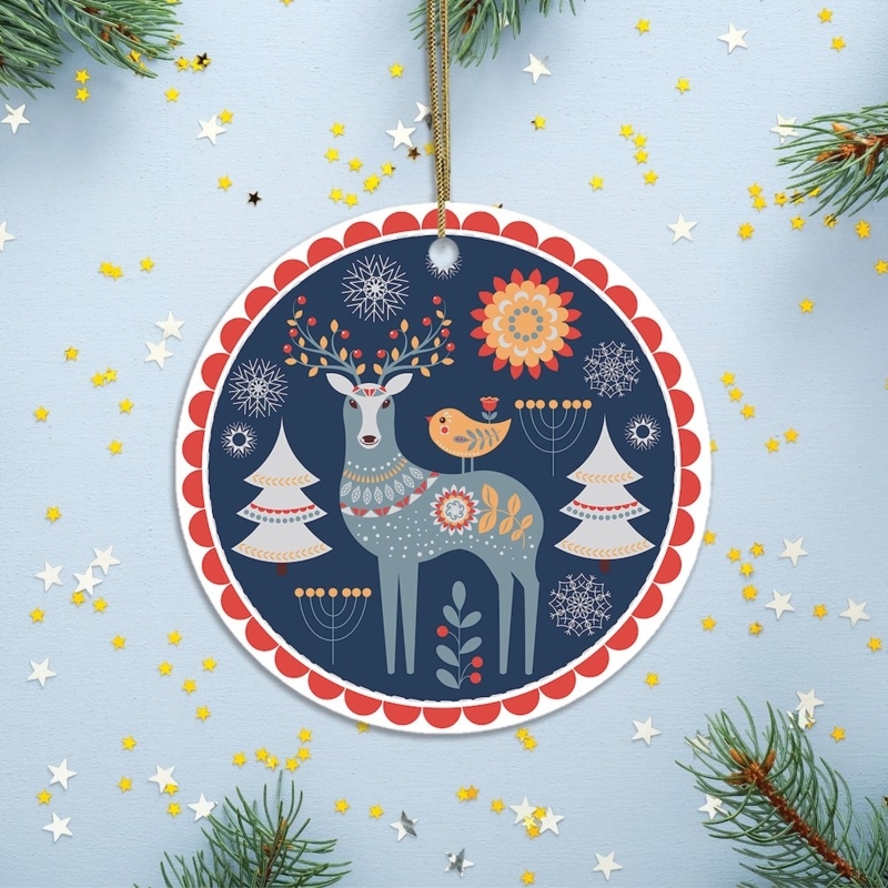 Christmas Ornament: Ceramic Deer Shape, Red Folk Art Motifs, Boho Style