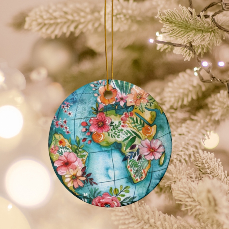 Christmas Ornament: Ceramic Disc, Vibrant Botanical Print, Gold Hanging Cord